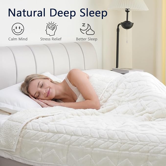 Mr. Sandman Weighted Blankets for Adults, Queen Size 60 x 80 Inches, 15lbs | Machine Washable; Soft Warm Sherpa Fleece; Fluffy Jacquard with Glass Beads; Heavy Throw for Sleep and Calm; Ivory White