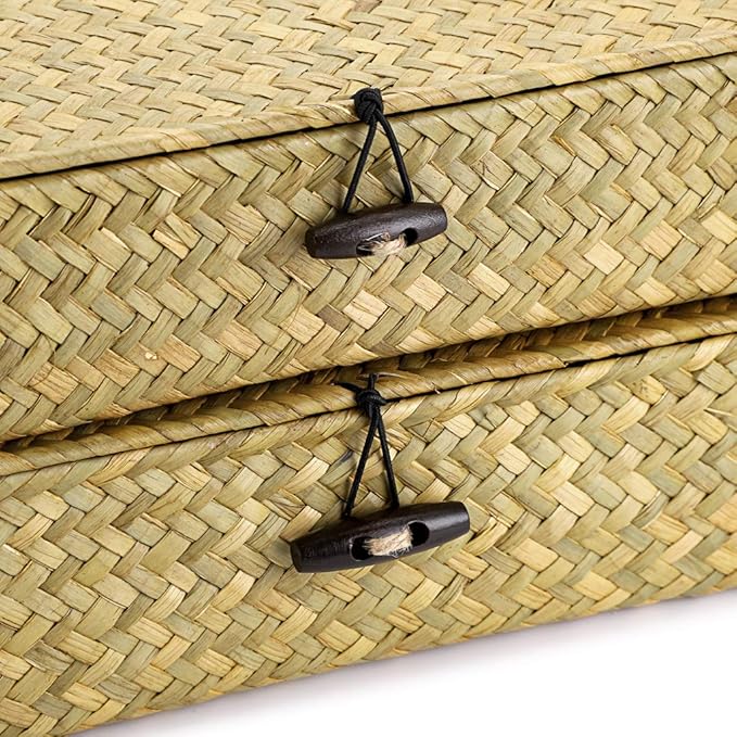 Hipiwe 2 Packs Flat Wicker Basket Box with Lid Woven Seagrass Storage Bins | Handwoven Basket Boxes for Shelf Organizing, Home Decorative Bins Box for Home Decor, Natural Color