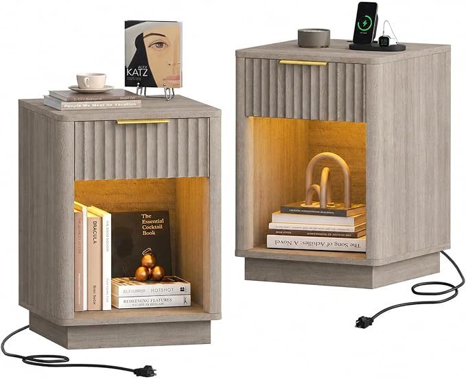 Akxomel Fluted Nightstand Set 2 Bedside Table with Charging Station Greige | Wooden Side Table with LED Light, Modern Mid Century End Table with Drawer, 15" D x 15.7" W x 22.6" H, for Bedroom