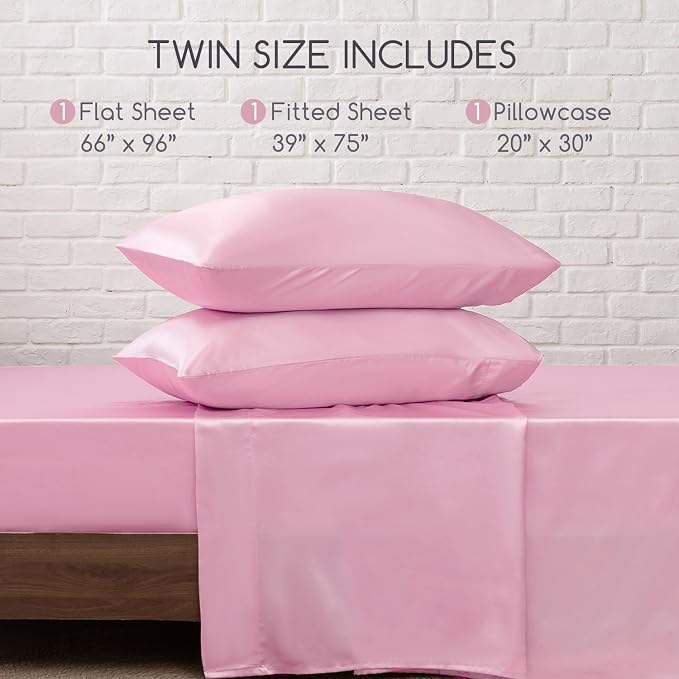 MR&HM Satin Sheets Twin Size with Elastic Corner Straps, Pink | Similar to Silk, 3-Piece Silky Soft Bed Sheet Set, Gentle on Skin and Hair, 15" Deep Pocket, Cooling & Breathable