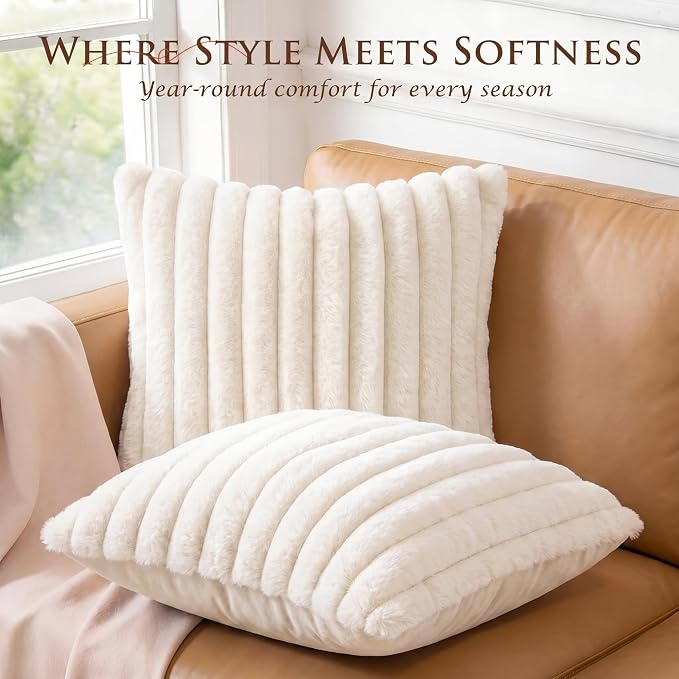Pack of 2 Throw Pillow Covers 18x18 Decorative Solid Plush Faux Fur with Soft Velvet Back, Square Striped Cushion Cases Modern Farmhouse Home Decor for Living Room Couch Sofa Bed Cream White
