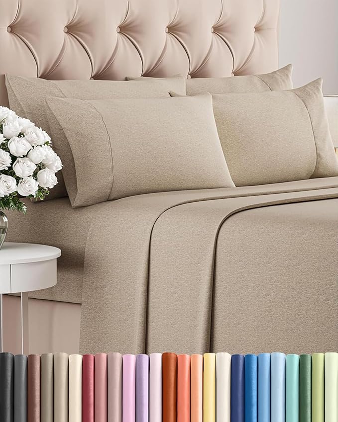 Queen 6 Piece Bed Sheet Set - Breathable & Cooling Sheets - Heathered Beige | Ultra-Soft Hotel Luxury Bedding Set w/ 8-16 Inch Deep Pockets, 1 Flat & 1 Fitted Sheet & 4 Pillowcases, Wrinkle & Fade Free