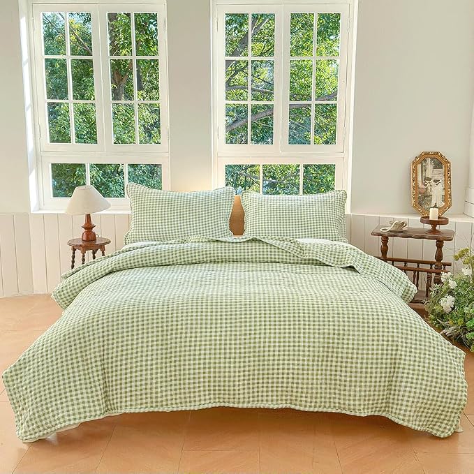 NSNLGSGC Sage Green Gingham Queen Summer Bedspread Quilt Set | Pre-washed Microfiber,Lightweight Checked Grid Bedding Coverlets for All Seasons