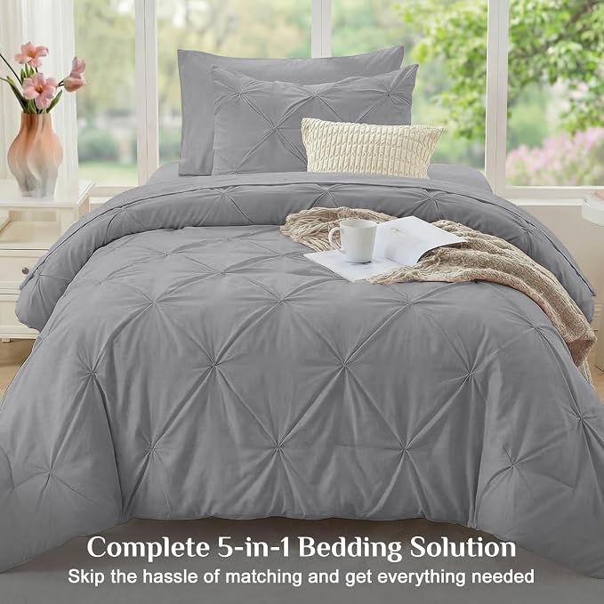 JOLLYVOGUE Twin XL Comforter Set 5 Pieces - Bed in a Bag Twin XL for All Season, Pintuck Bedding Comforter Sets with Comforter, Flat Sheet, Fitted Sheet and Pillowcases & Shams, Light Grey