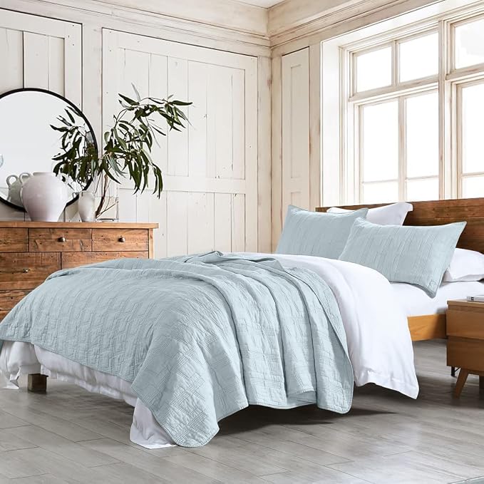 HORIMOTE HOME 100% Cotton Quilt Set Twin Size, Baby Blue Pre-Washed 2-Piece Bedspread Coverlet Set, Cozy Lightweight Stitching Bedding Cover with 1 Shams in Geometric Pattern for All Season