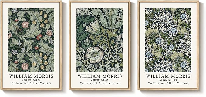Framed William Morris Green Floral Canvas Wall Art Set of 3, 16x24 In | Fine art, Vintage, Nature, Aesthetic, Easy to hang, Waterproof, Living room/Bedroom/Office/Hallway/Wall decor