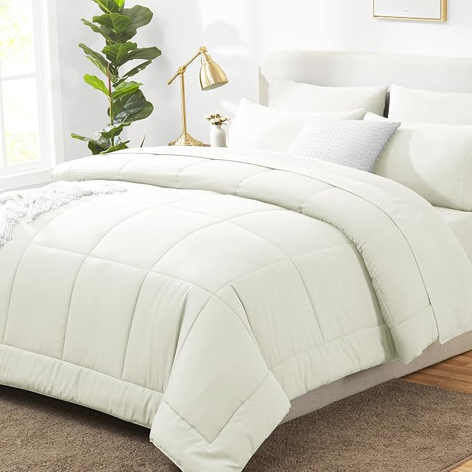 King Size Comforter Set Ivory - 7 Pieces Bed in a Bag | OEKO-TEX Certified, All-Season, Bedroom, Guest Room, Down-Alternative Comforter + Flat & Fitted Sheets + 4 Pillowcases