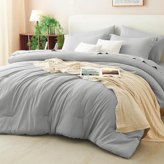 King Size Comforter Set Light Grey, 7 Pieces Bed in a Bag | OEKO-TEX Certified, All-Season, Bedroom, 240GSM Down Alternative Comforter, Flat & Fitted Sheets, 2 Pillowcases & 2 Shams