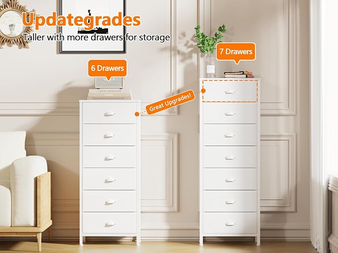 Furnulem White Tall Dresser for Bedroom, Chest of Drawer with Fabric Drawer | Tall Skinny Dresser with 7 Drawers, Metal Frame, Wooden Top, Dorm Vertical Closet, Bedside Furniture in Living Room
