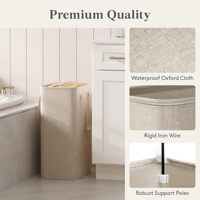 Lifewit Slim Collapsible Laundry Basket with Handles, 50L, Beige | Narrow Laundry Hamper for Dirty Clothes, Tall Thin Laundry Bin, Small Clothes Hamper for Bathroom, Bedroom, RV, Dorm