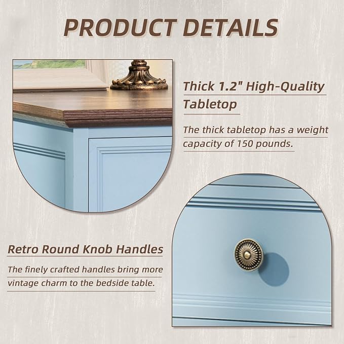 Joaxswe 24" Wide Farmhouse Night Stand Set of 2,Large End Table with 3 Drawers & Metal Handle,Wood Dresser for Bedroom Cabinet,Light Blue Bed Side Table Chest of Drawers,Nightstand for Living Room