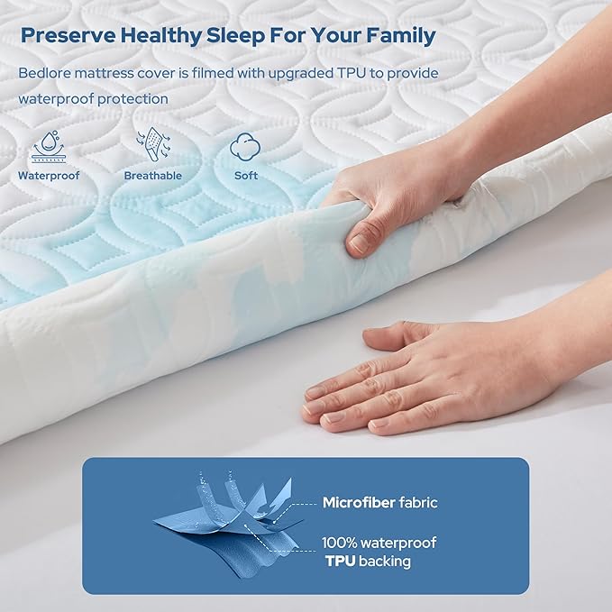 BEDLORE Waterproof Mattress Protector, Twin Size Mattress Pad | Deep Pockets Fit 6"-15" Mattresses, Soft Breathable Dirt-proof Single Bed Mattress Cover for Bedroom, Dorm Room (White)