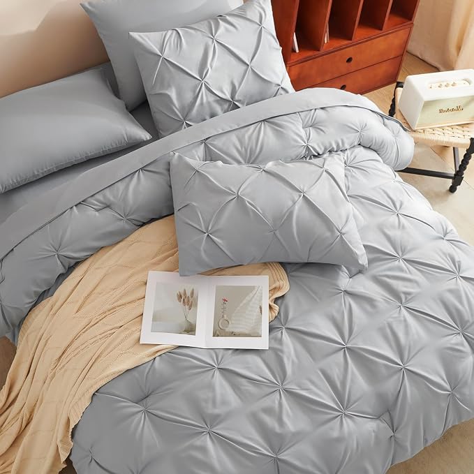HIMEET King Size Comforter Set Light Grey - 7 Pieces Pintuck Bed in a Bag | OEKO-TEX Certified, 240GSM Down Alternative Comforter, 14" Deep Pocket Fitted Sheet + Flat Sheet + 2 Pillowcases + 2 Shams