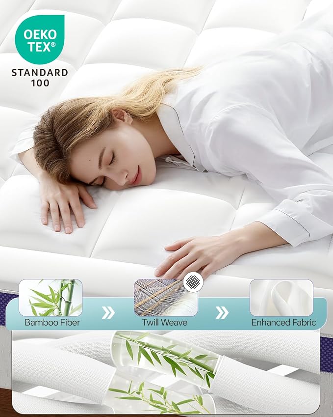 Dual Layer 4 Inch Memory Foam Mattress Topper Queen | 2 Inch Gel Memory Foam and 2 Inch Pillow Top Mattress Pad Cover, 7-Zone Egg Crate & 2-in-1 Design (White)
