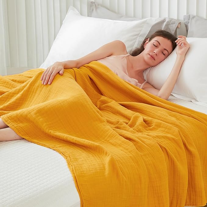 EMME Muslin Blankets for Adults Throw Blanket for Couch Breathable Gauze Soft Lightweight Airy Mustard Yellow Twin 60" x 80"
