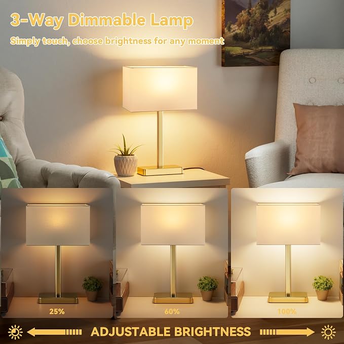 Hong-in Touch Lamps for Bedroom, Bedside Table Lamps Set 2, D. White&Gold | Modern Table Lamp for Nightstands, Desk Lamp for Bedroom, with USB C+A, End Tables Bed Side, Bulb Included, 3 Way Dimmable