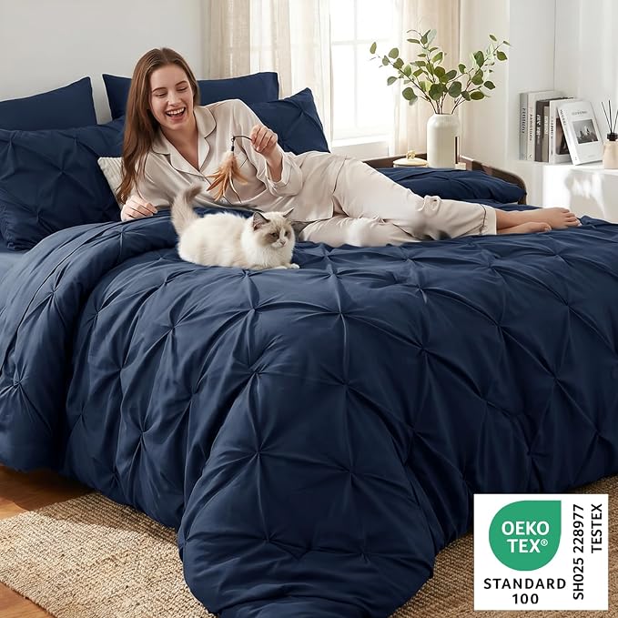 Twin Comforter Set Navy Blue, 5 Pieces Pintuck Bed in a Bag | College Dorm Essentials, OEKO-TEX 100 Certified, 240GSM All Season, Down-Alternative Comforter, Sheets, Pillowcase & Sham