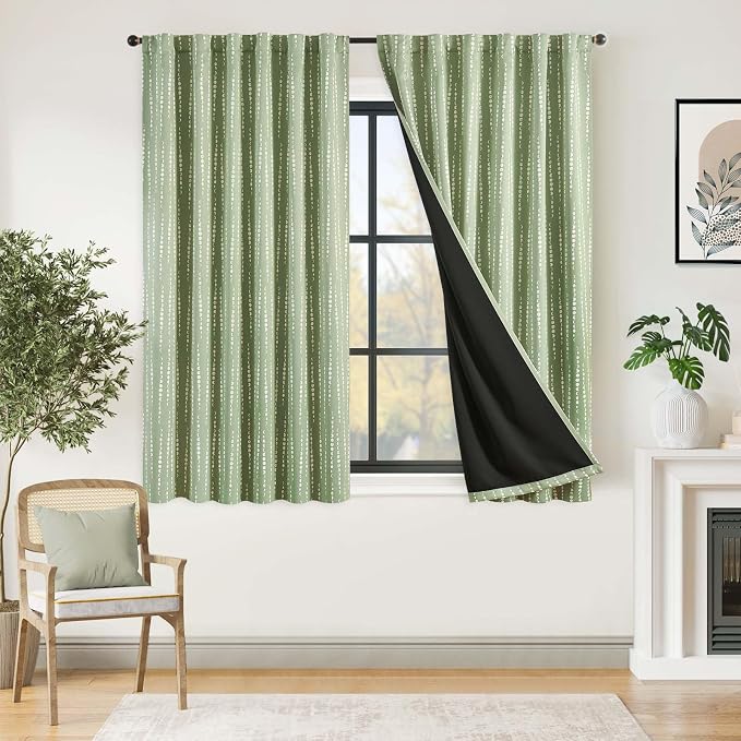 jinchan Boho Blackout Curtains 63 Inch Length Moon Phase Printed Drapes | Sage Green Farmhouse Curtain for Bedroom Living Room Back Tab Drapes Room Darkening Window Treatment 2 Panels