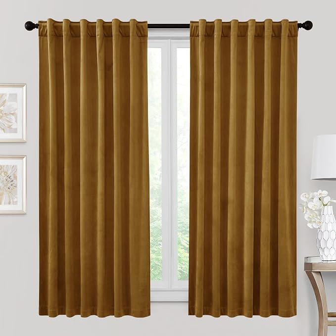 RYB HOME Velvet Room Darkening Curtains for Living Room 72 inches Long | Thermal Insulated, Privacy UV Heat Blocking, Noise Reducing, Drapes for Kids Room Sunroom, Gold Brown, W52 x L72, 2 Panels