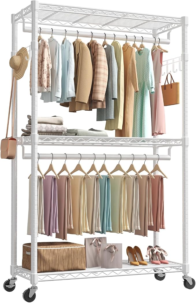 OLIXIS Clothes Rack Heavy Duty Adjustable Garment Clothing Rack with Wheels, Rolling Metal Freestanding Closet Organizer for Hanging Clothes with 2 Side Hooks, Double Rods, 47"x17"x80", White