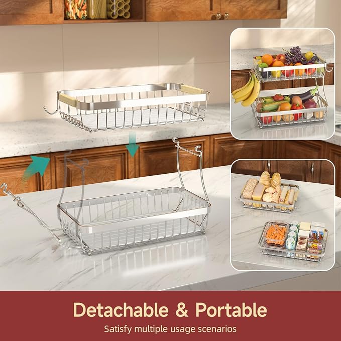 Sevenblue 2-Tier Fruit Basket with Banana Hangers, Detachable Metal Bowl | Wooden handle, protective mats included. Versatile holder for bread, snacks, and veggies. Extra Large 2 tier metal design.