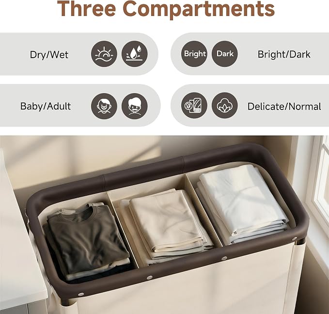 StorageWorks 3 Section Laundry Hamper, 120L Beige Sorter Cart with Wheels | 3 Section Beige Sorter Cart, Rolling Organizer for Bedroom, Bathroom, Apartment, Hotel