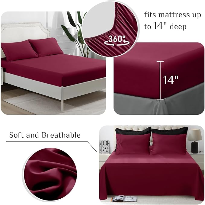 JOLLYVOGUE King Comforter Set, Ultra-Soft Bed in a Bag King Size 7 Pieces, Oeko-TEX Certified Bedding Set with Down Alternative Comforter, Sheets, Pillowcases & Shams, Black & Deep Burgundy