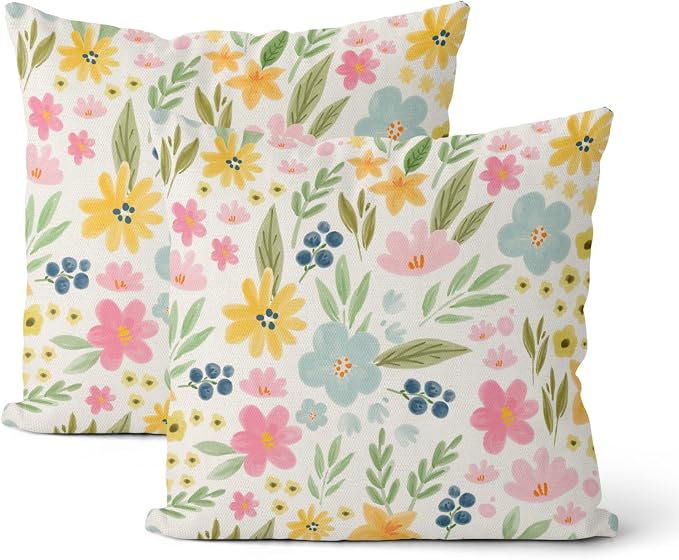 Outdoor Pillow Covers 16x16 Inch 2 Pcs Watercolor Pink Green Flower Spring Decor Throw Pillows Vintage Floral Summer Outdoor Seasonal Decoration Pillowcase Linen Cushion Cover for Couch Sofa
