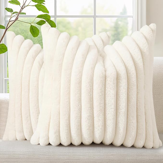 decorUhome Fall Faux Fur Throw Pillow Covers 22x22 Set of 2 Cream White | Decorative Soft Cozy Striped Plush Modern Farmhouse Boho Couch Pillow Cases Velvet Back for Sofa Bed Living Room Home Decor