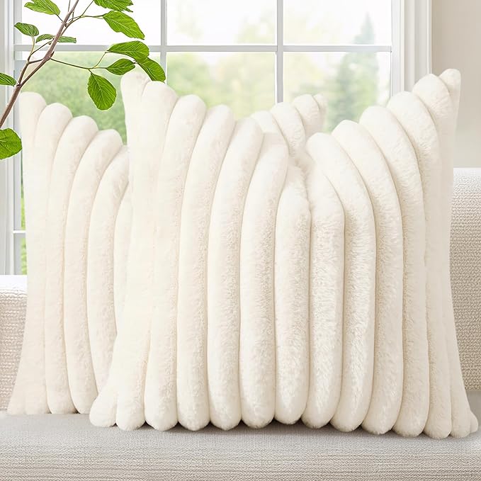 decorUhome Fall Faux Fur Throw Pillow Covers 18x18 Set of 2 Cream White | Decorative Soft Cozy Striped Plush Modern Farmhouse Boho Couch Pillow Cases Velvet Back for Sofa Bed Living Room Home Decor