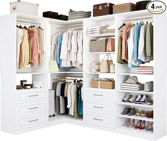 Vomavex Closet System with 4 sets, 101.9" Closet Organizer Systems with 6 Drawers & 8 Hanging Rods & Adjustable Shelves, Walk in Closet Standing Closet System, Corner Closet System Set, White