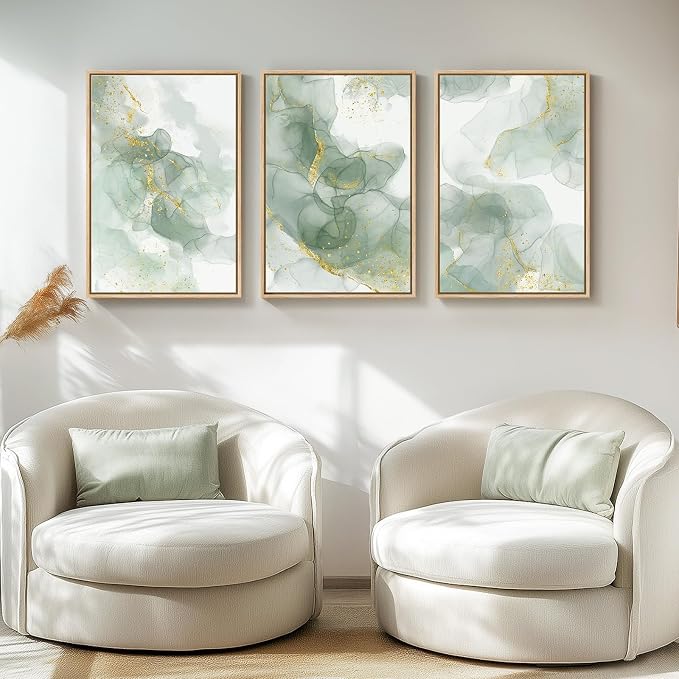 Framed Sage Green Abstract Wall Art for Bedroom, 3 Piece Set, Each 16x24 In | Green and gold pictures, Canvas prints, Modern minimalist painting, Artwork for walls, Wall decor for living room dining room