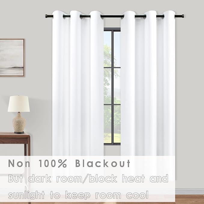 KOUFALL White Curtains 63 Inch Length 2 Panels Set Grommet Lightweight 60-70% Blackout Energy Saving Opaque Semi Black Out Simple Curtains for Bedroom Living Room