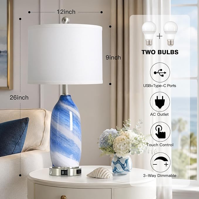 Rinweey 26" Grey-Blue Glass Table Lamps Set of 2,Coastal Lamps Nautical lamp with USB A+C Ports & AC Outlet,Bedside Lamps with 3-Way Dimmable-Night Light for Bedroom Living Room,Grey-Blue