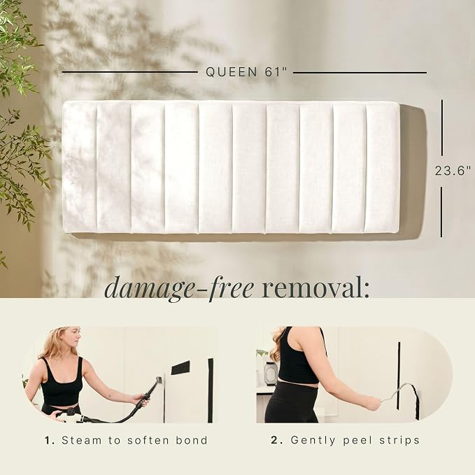 Hearth & Harbor Wall Mounted Queen Headboard Only, Bed Headboard Queen Size | Easy Assemble, Floating Peel & Stick, Upholstered Channel Stitched, 3D Wall Panels, 5 Strips of 3M Tape Included, Off White