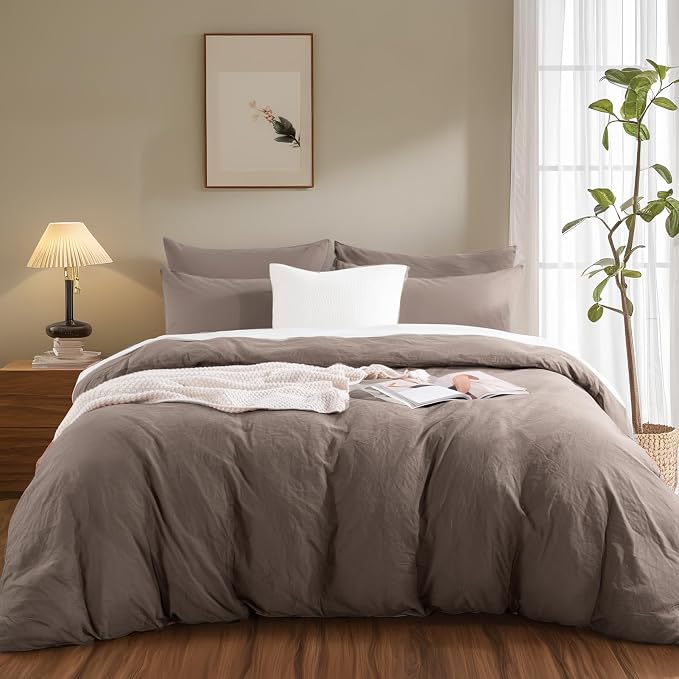 NEXHOME PRO 100% Washed Cotton Duvet Cover King Size, Ogranic Natural Linen Feel Breathable Bedding Set with Zipper Closure, 3 Pieces Duvet Cover Set Chocolate (No Comfortert) 10490