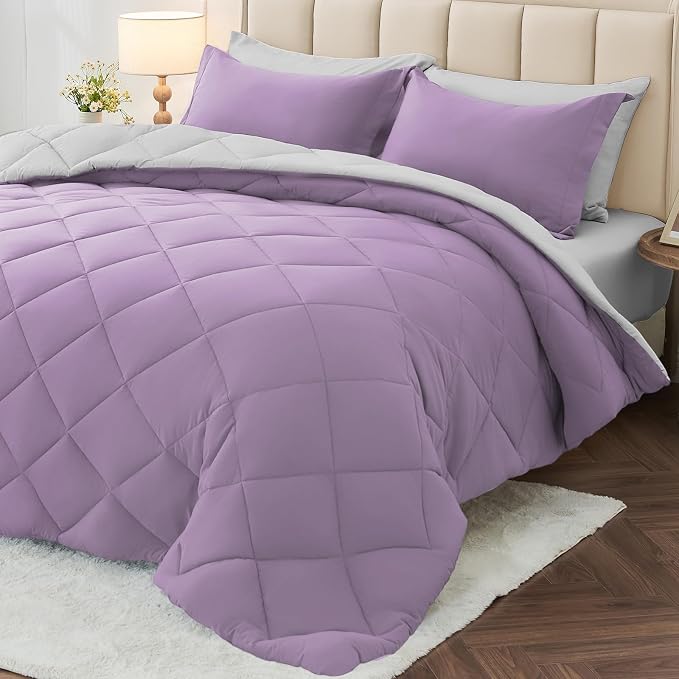 7 Pieces King Comforter Set, Reversible Bed in a Bag King Size, All Season Bedding Set with Comforter, Flat Sheet, Fitted Sheet, Pillowcases & Shams, Greyish Purple & Light Grey