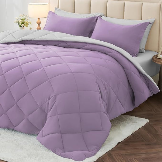 7 Pieces King Comforter Set, Reversible Bed in a Bag King Size, All Season Bedding Set with Comforter, Flat Sheet, Fitted Sheet, Pillowcases & Shams, Greyish Purple & Light Grey