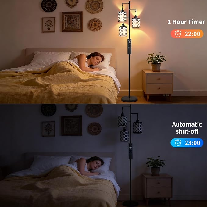 72" Dimmable Floor Lamp with Remote & Timer, Industrial Farmhouse Rustic Standing Lamp for Living Room Bedroom, 3 Individually Controlled Heads, 2 Height Options, 3 x LED Bulbs Included