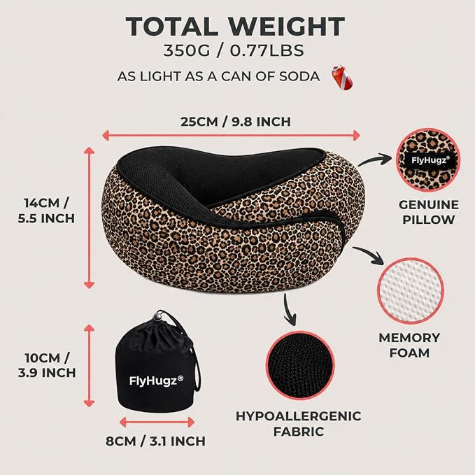 FlyHugz® Neck Travel Pillow Memory Foam Neck Pillow for Comfort on Airplane Compact and Ergonomic Design for Travel, Car Rides, and Home Use Ideal for Adults and Kids. (Leopard Print)