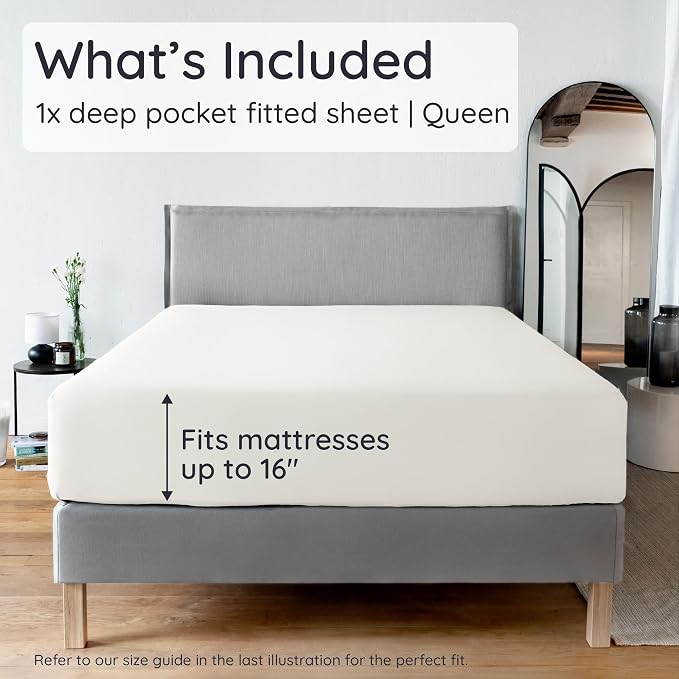 Bambaw 100% Viscose Derived from Bamboo Fitted Sheet Queen Size, 16’’ Deep Pocket Fitted Queen Sheet Only, Breathable & Cooling Fitted Sheet Queen Size (Ivory)