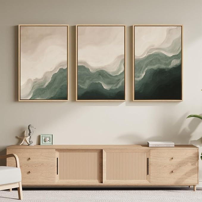 Large Framed Green and Beige Abstract Wall Art, 3 Piece Set, Each 20x30 In | Modern neutral picture, Canvas prints, Minimalist painting, Artwork for walls, Wall decor for living room dining room bedroom