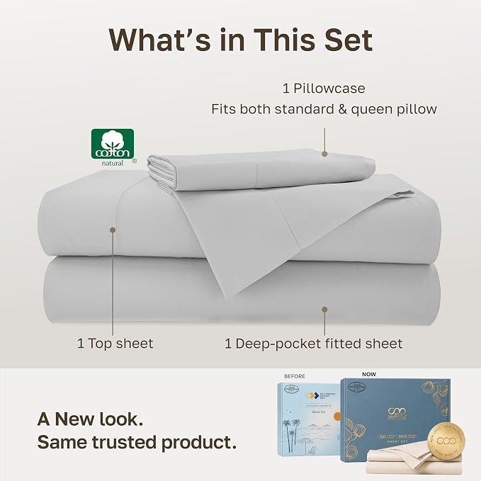 California Design Den Softest 100% Cotton Sateen XL Twin Sheets Set, 3 Pcs | 500 Thread Count Backed by Good Housekeeping Seal, All-Around Elastic, Durable, Easy Care, OEKO-TEX certified - Light Grey