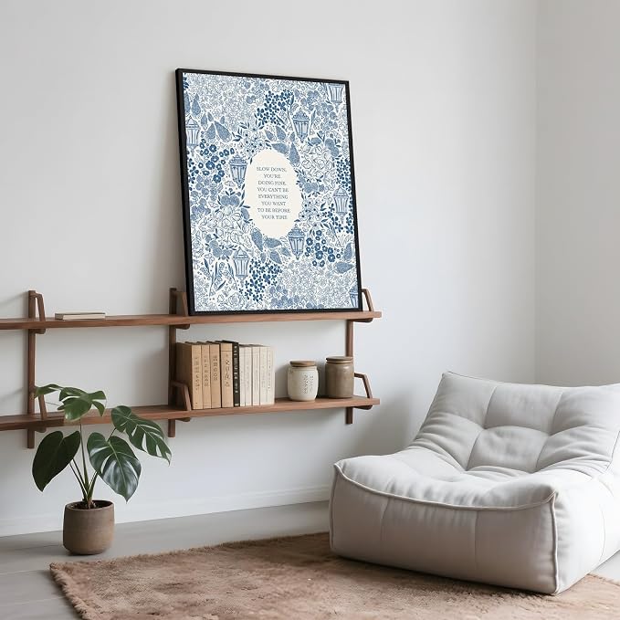 Framed Slow Down Youre Doing Fine Motivational Wall Art Music Quote Posters | Blue Inspirational Song Lyric Canvas Print Vintage Aesthetic Positive Affirmation Daily Reminder Office Home Decor 8x12inch