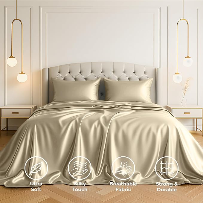 Satin Sheets Queen [4-Piece, Champagne Gold] Hotel Luxury Silky Bed Sheets - Extra Soft 1800 Microfiber Sheet Set, Wrinkle, Fade, Stain Resistant - Deep Pocket Fitted Sheet, Flat Sheet, Pillow Cases