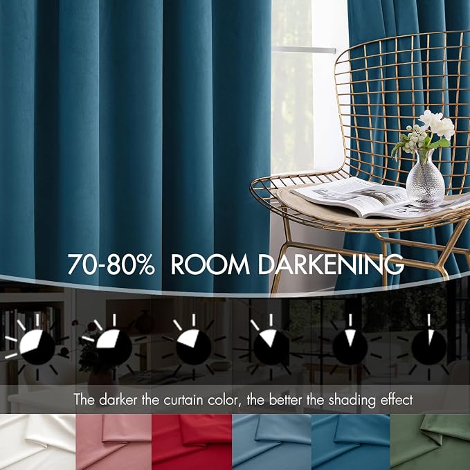 MIULEE Velvet Curtains 50W x 108L 2 Panels Peacock Blue Blackout Curtains | Luxury velvet fabric, pinch pleat design, back tab hooks, thermal insulated, blackout light blocking, for living room bedroom