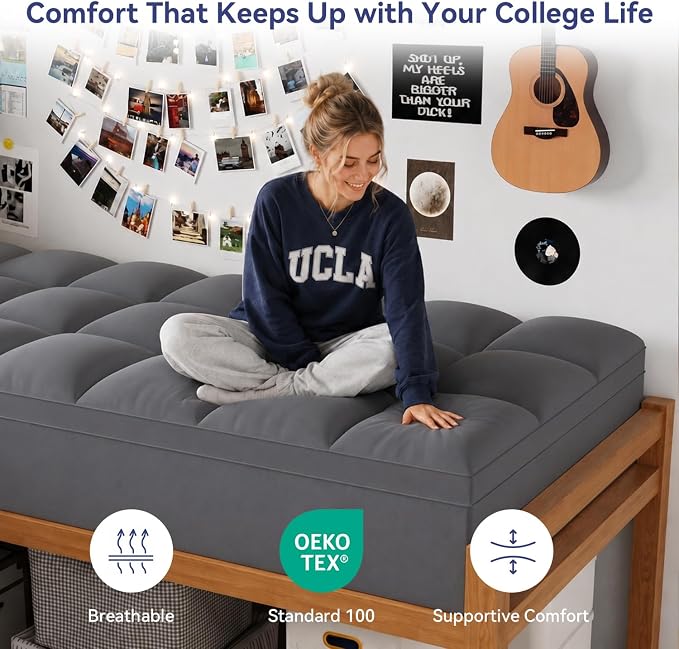 ELEMUSE Twin XL Grey Mattress Topper for College Dorm, Thick Pillow Top | Extra long twin mattress pad with deep pocket, plush college dorm room essential for girls & guys, ideal for back to school