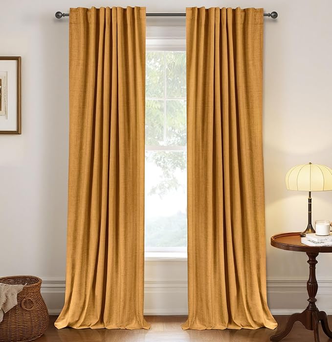 Faux Linen Total Blackout Curtains for Bedroom 96 Inch Long Mustard Yellow | 100% Blackout Shield, Back Tab/Rod Pocket Living Room Drapes, Thermal Insulated Blackout Curtains 2 Panels Set, 50"W x 96"L