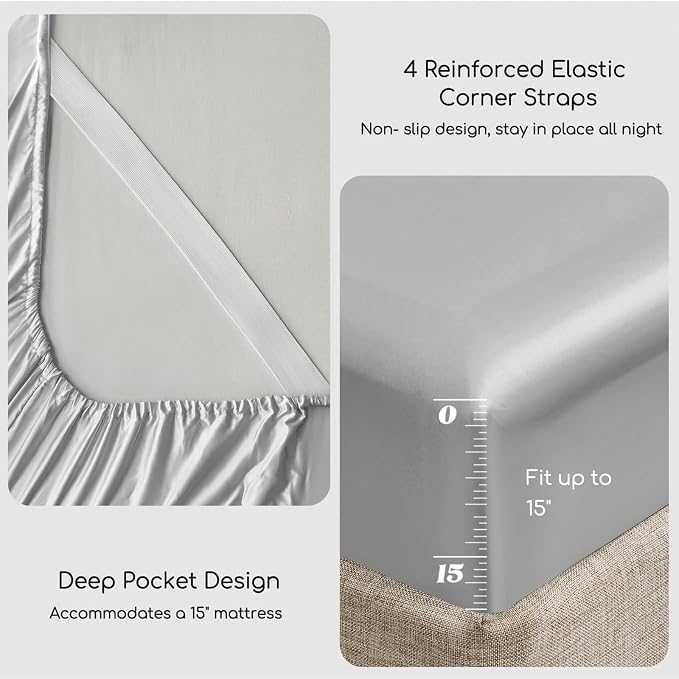 MR&HM Satin Sheets King Size with Elastic Corner Straps, Silver Grey | Similar to Silk, 6-Piece Silky Soft Bed Sheet Set, Gentle on Skin and Hair, 15" Deep Pocket, Cooling & Breathable