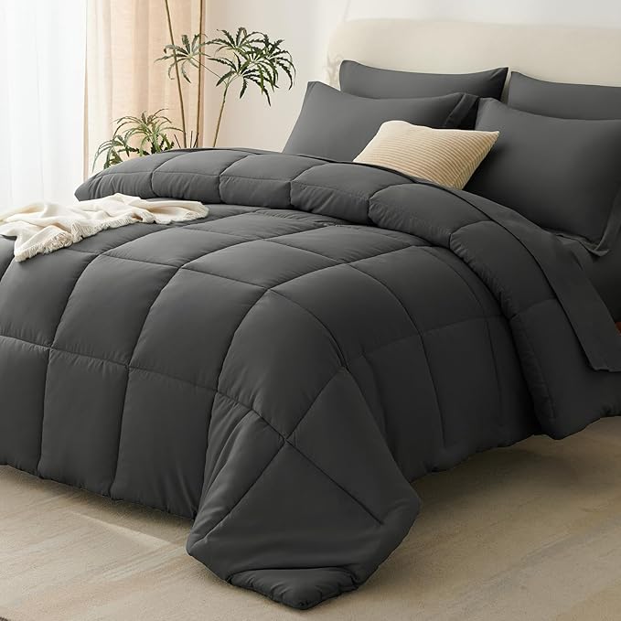 Queen Comforter Set, 7-Piece Bed in a Bag, Dark Grey | OEKO-TEX Certified, Box-Stitched Design, 240 GSM Down Alternative Fill, All-Season Comfort, Sheets, Pillowcases & Shams